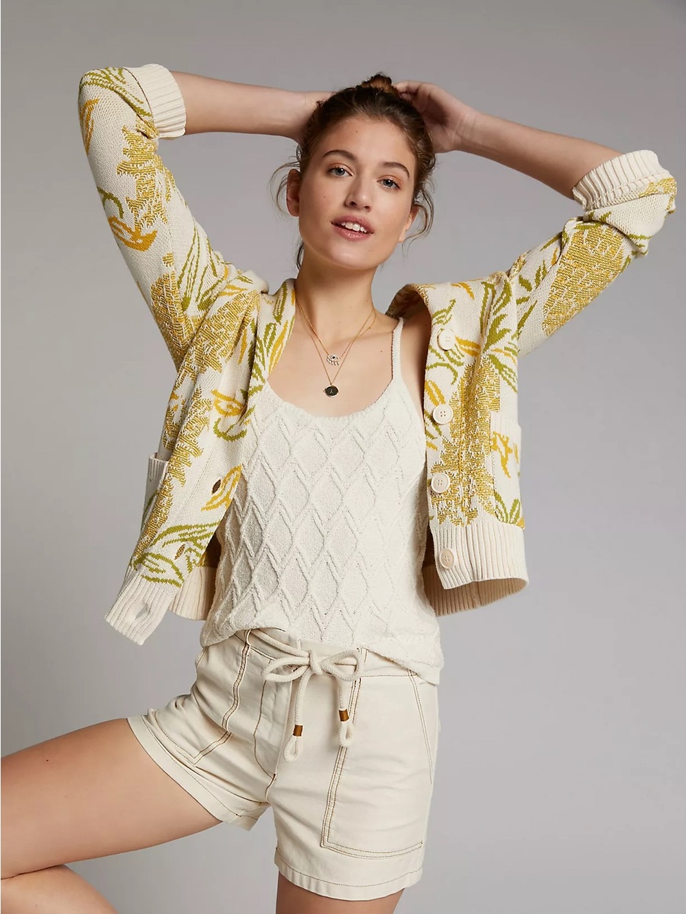 Anthropologie Maeve Pineapple Jacquard Cotton Shawl Cardigan S Cottagecore Cozy